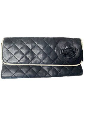 DKNY Black Quilted Leather Clutch Purse With Rose Detail & Missing Chain Shoulde